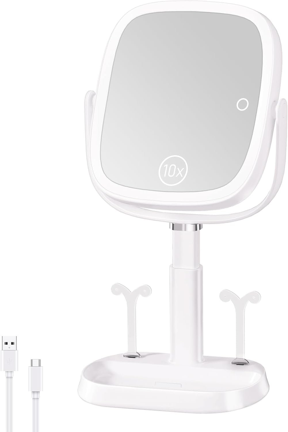 FRANO Vanity Mirror with Lights, Rectangular Lighted Makeup Mirror with 3 Color Lights, 1X/10X Magnification, Adjustable Height, 360° Rotation, 4000mAh Rechargeable for Desk, Gifts for Women