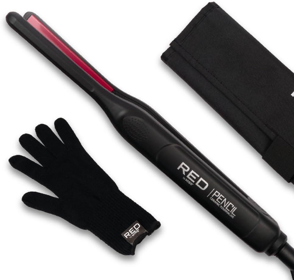 Red by Kiss Pencil Flat Iron, 0.3 Inch Tourmaline Ceramic Mini Hair Straightener, Up to 450°F for Short to Medium Hair, Pixie Cuts, Bangs & Edges, Includes Travel Pouch & Heat-Resistant Glove