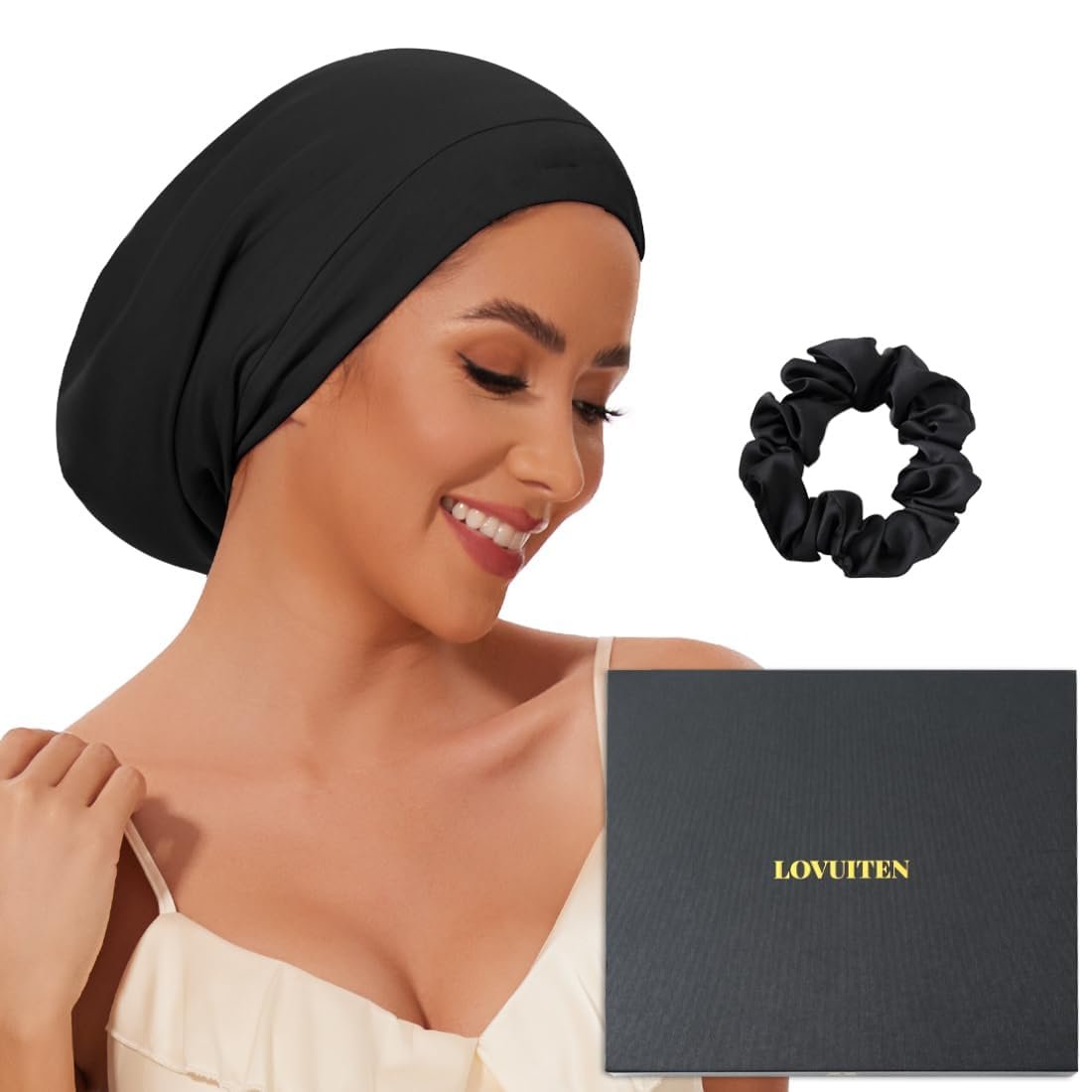 Mulberry Silk Bonnet for Sleeping Women Men, Real Silk Lined Sleep Cap with Adjustable Strap, Hair Wrap Slouchy Beanie for Curly Hair