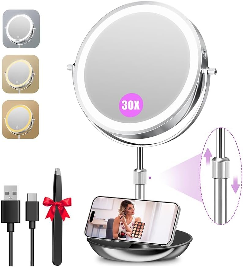 Auxmir 9″ Large Lighted Makeup Mirror with Magnification, 1X/30X Double Sided Magnifying Mirror with Adjustable Height, Rechargeable Vanity Mirror with 3 Color Dimmable Lights, 360° Rotation