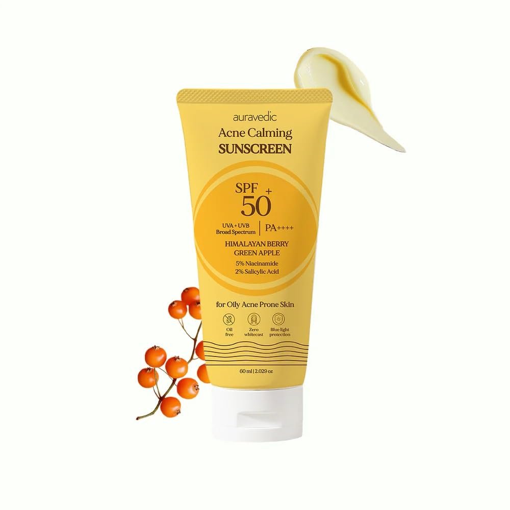 Auravedic Acne Calming Sunscreen SPF 50 PA++++ | Oil-Free Broad Spectrum UVA/UVB Face Sunscreen with 5% Niacinamide & 2% Salicylic Acid | For Oily & Acne-Prone Skin | 2.12 Oz (60g)
