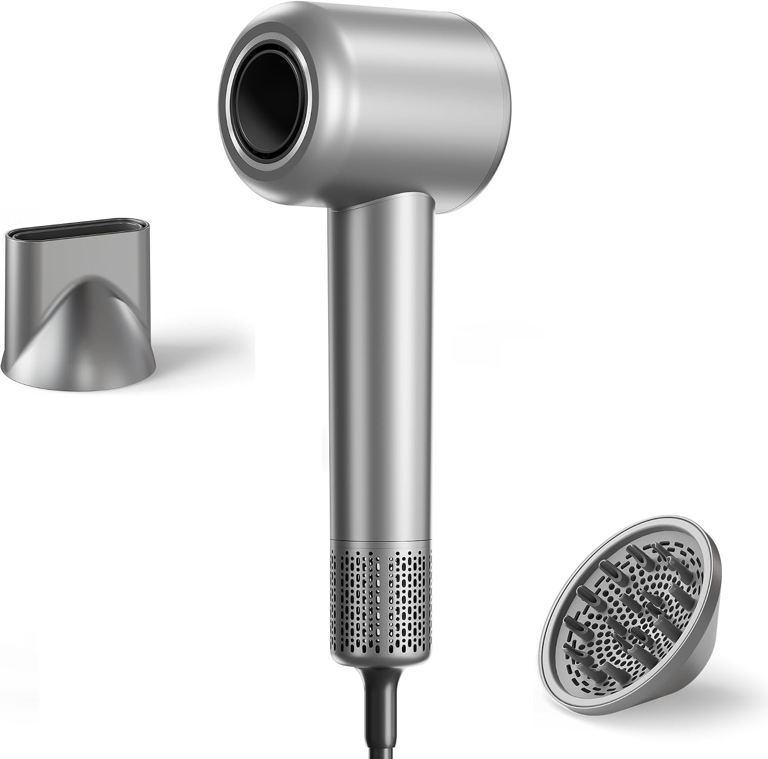 Hair Dryer, 160000 RPM High-Speed Ionic Blow Dryer with Magnetic Diffuser, Fast-Drying Hair Dryer for Women, 500M Negative Ions Frizz Control, Low-Noise Hairdryer for Home & Salon（Silver-Gray）