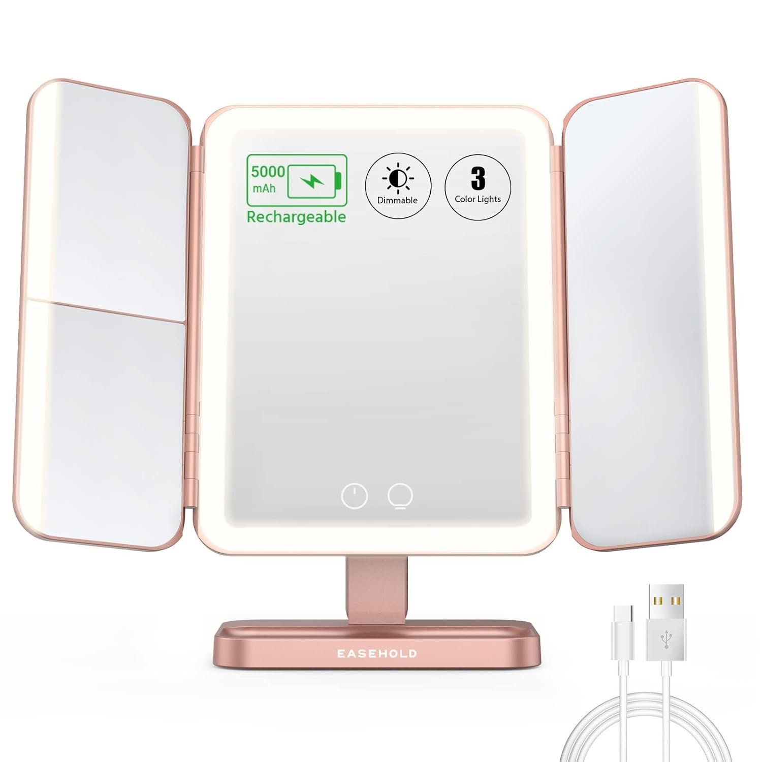 EASEHOLD Rechargeable Lighted Makeup Mirror, 3-Sided LED Vanity Mirror, 116 LEDs, 5000mAh, No Shadow Lighting, 2X/3X/Magnification, 3 Color Modes, Large Trifold Mirror for Makeup Desk, Gifts for Women
