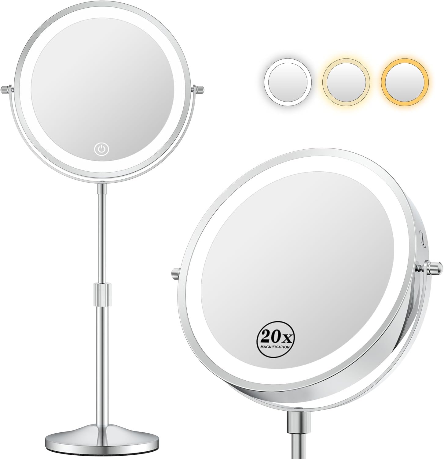 Makeup Mirror with Lights, Height-Adjustable Lighted Makeup Mirror with 1X/20X Magnification, 360° Swivel Rechargeable Double Sided Vanity Mirror with 3 Color Dimmable Lights, Gifts for Women