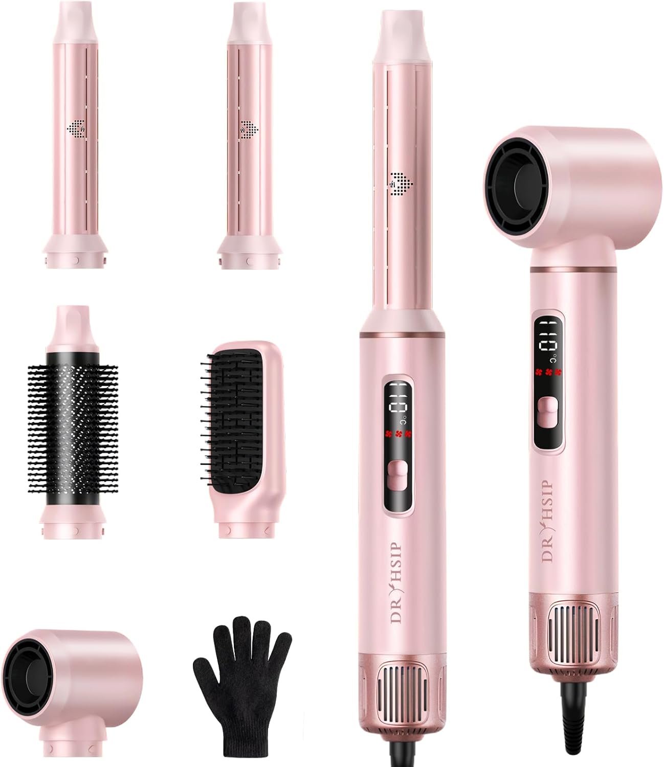 Dryhsip 5 in 1 Hair Styler & Air Dryer Wrap Curler, Low-Speed Negative Ionic Hair Tools Drying, Multi Air Styler, Professional Blow Dryer Brush for Curling Volumizing Straightening Styling (Pink)