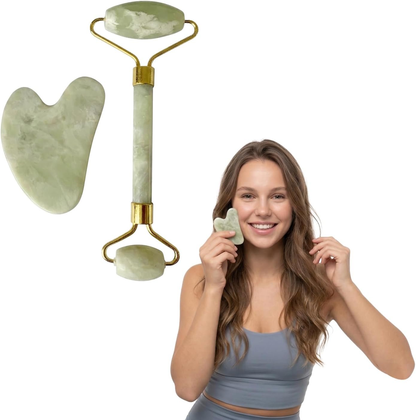 Jade Roller and Gua Sha Set – Face Roller for Face, Eyes, Neck – Skin Care Tools for Women Gifts, Beauty Facial Massager for Puffiness – Ice Roller Self Care Products for Teen Girls