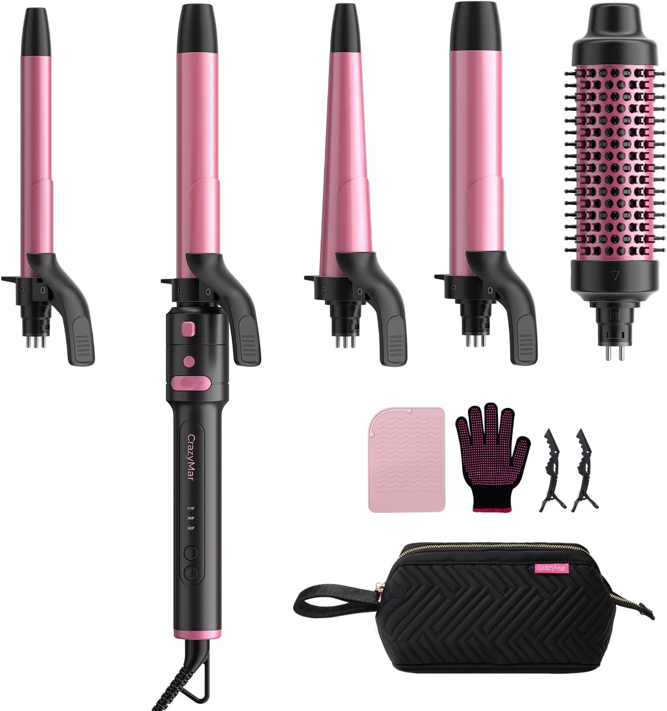 5 in 1 Automatic Rotating Curling Iron Set, CrazyMar Curling Wand Set – 5 Barrels (3/4,1,1/4 Inch) Dual Voltage Curling Wand for Professional Hair Styling, Travel, Ceramic Coating