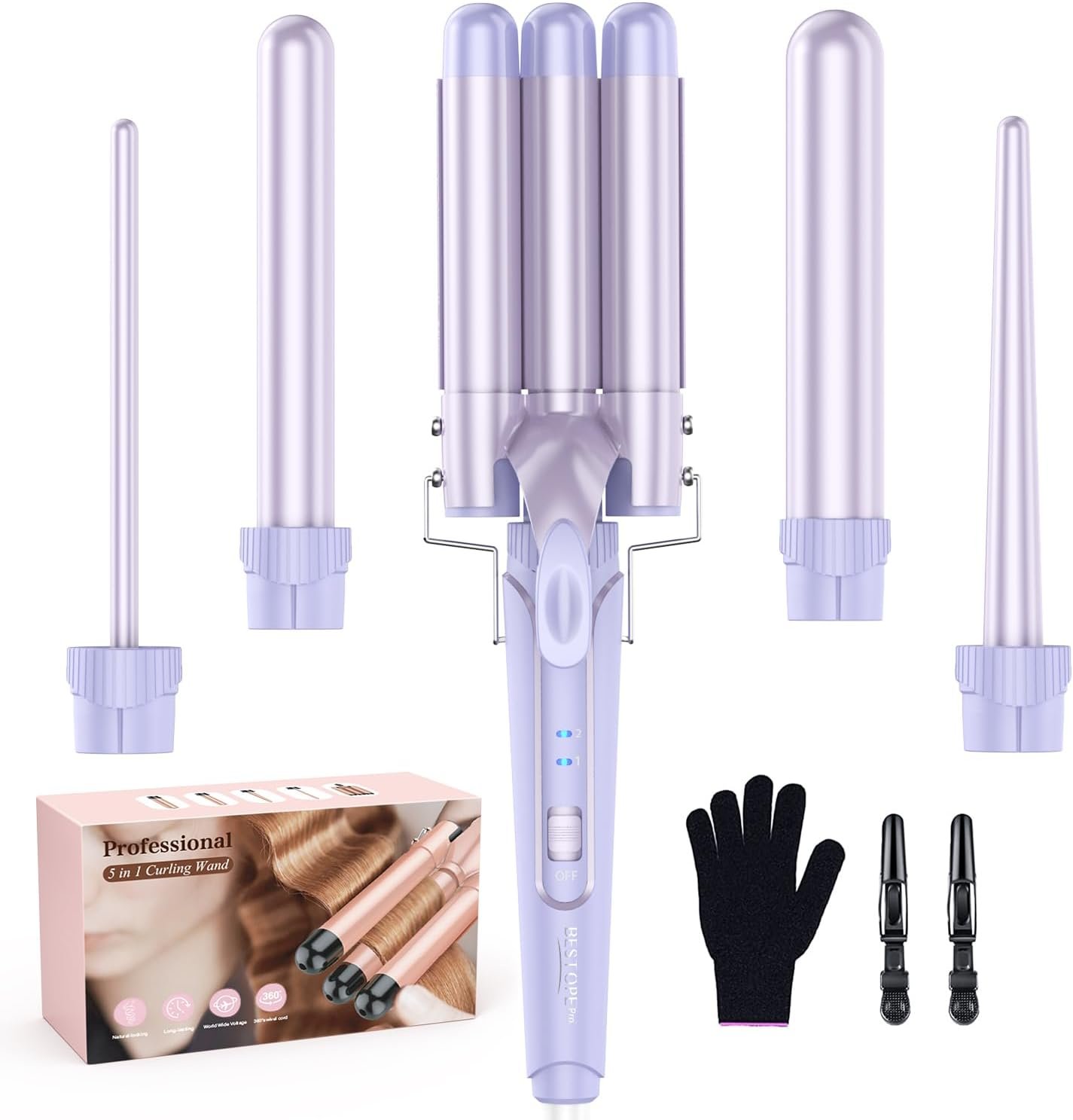 Waver Curling Iron Wand – BESTOPE PRO 5 in 1 Curling Wand Set with 3 Barrel Hair Crimper for Women, Fast Heating Crimper Wand Curler in All Hair Type, Women Gifts – Purple