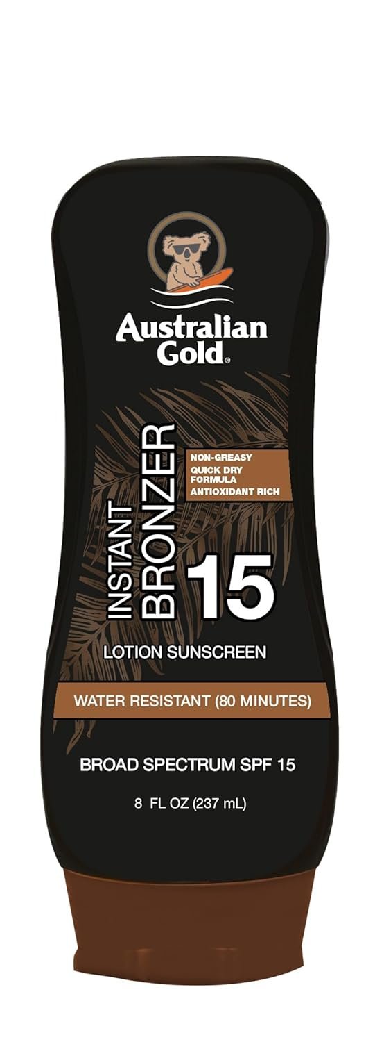 Australian Gold Sunscreen Lotion with Instant Bronzer SPF 15, 8 Ounce | Broad Spectrum | Water Resistant | Non-Greasy | SPF 15 8 Fl Oz (Pack of 1)