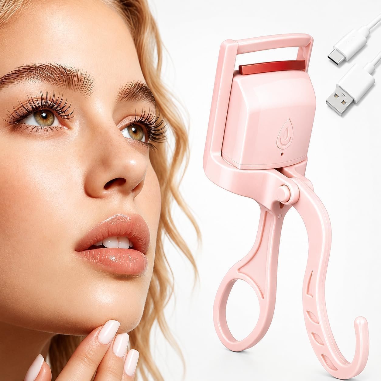 C-Shaped Eyelash Curler Heated, Portable Rechargeable Electric Eyelash Curler, Long Lasting Hold, Quick Natural Curling Eye Lashes, Safe Anti-Burn Design, Pink