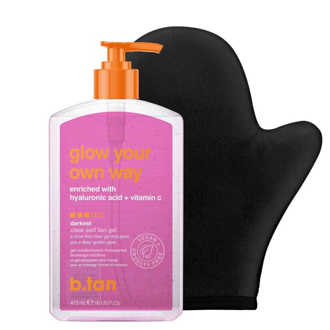 b.tan Best Clear Self Tanning Gel Kit | Glow Your Own Way Bundle – Ultra Dark, Quick Express Tanner for Face & Body with Applicator, No Transfer
