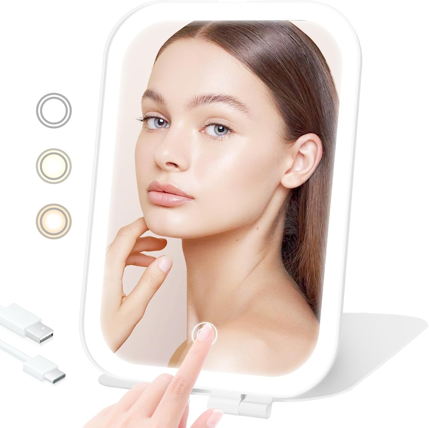 Travel Makeup Mirror, Portable Mirror with 3 Adjustable Light Settings, USB-Rechargeable Vanity Mirror with Lights，Gift for Women and Girls (White)