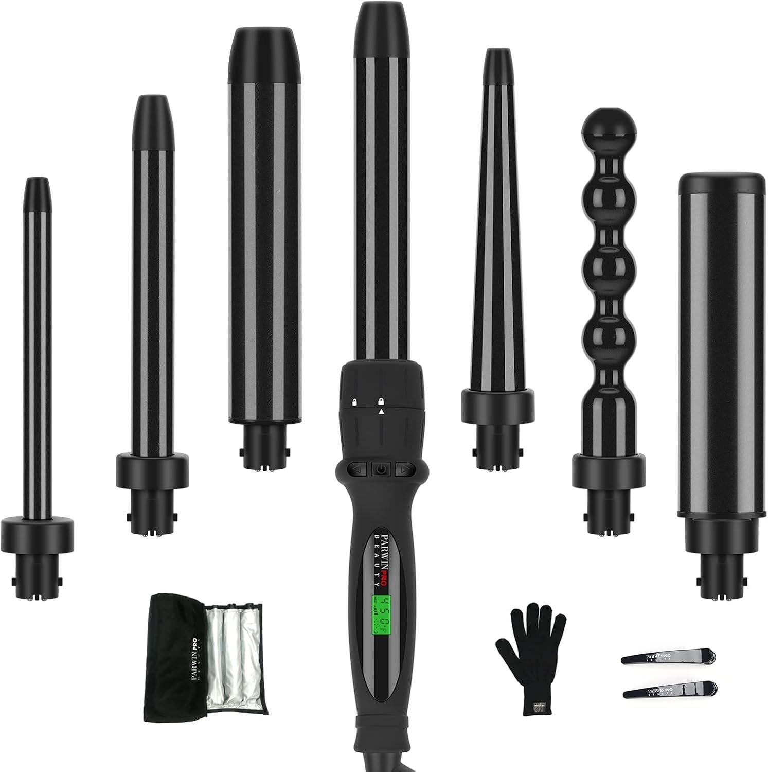 Curling Iron,PARWIN PRO BEAUTY 7 in 1 Curling Wand Set with 7 Interchangeable Barrels and Heat Protective Glove Auto Shut Off Dual Voltage