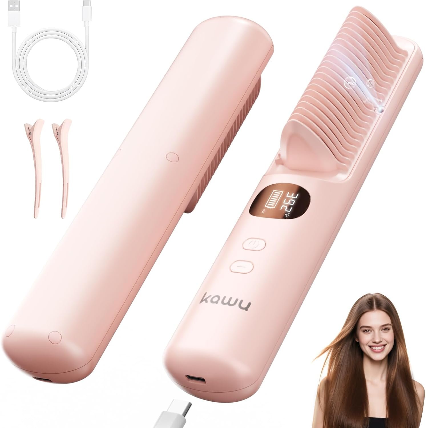 Kawu Electric Hair Straightener, Portable Hot Comb Cordless for Travel, Negative Ion Ceramic Wireless Mini Straightening Comb, USB Rechargeable Anti-Scald Styling Iron for Women & Girls