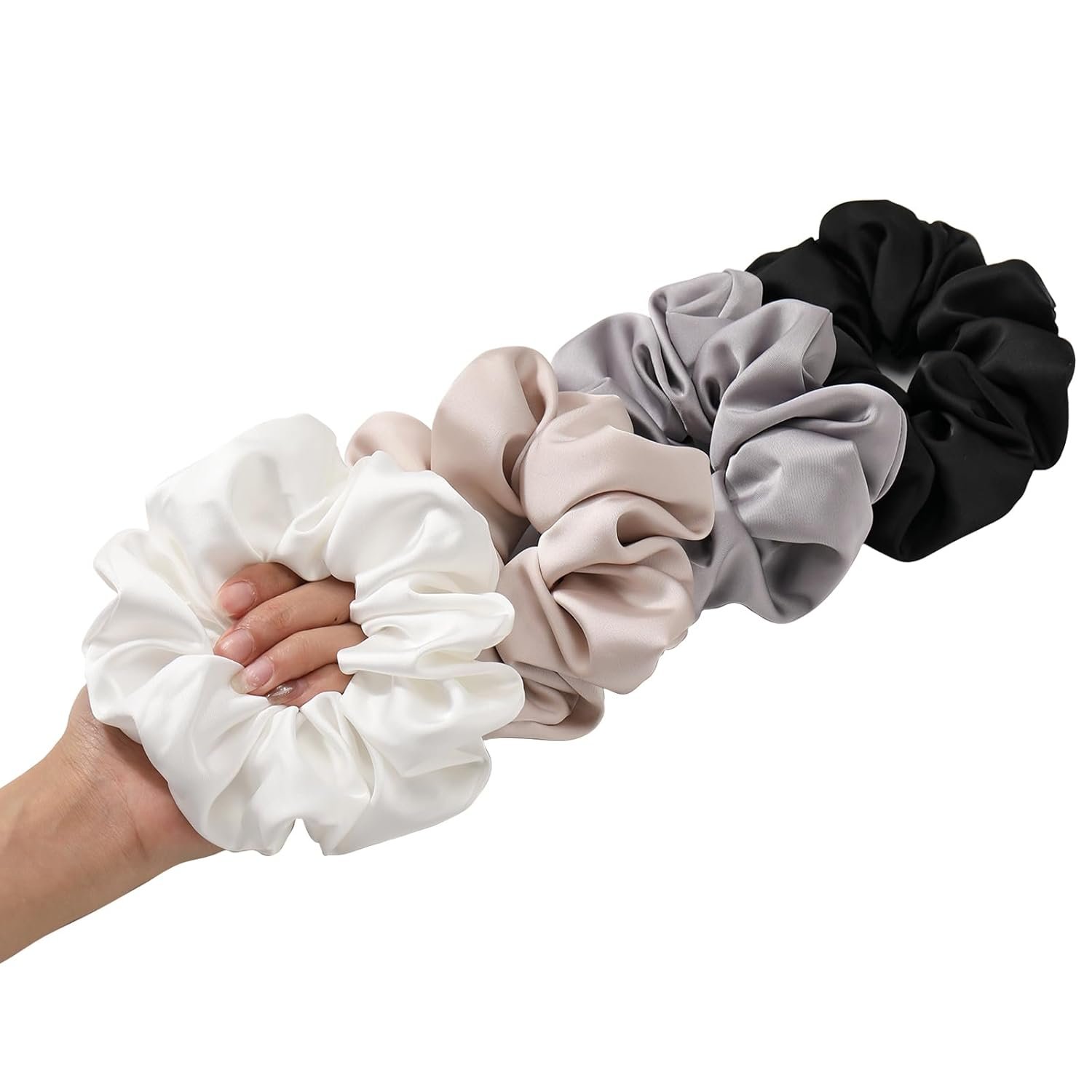 4PCS Large Satin Silk Scrunchies for Women – Big Glossy Scrunchie for Thick Hair Girl Hair Ties Ponytail Holders Jumbo Scrunchies (Black White Silver Champagne)