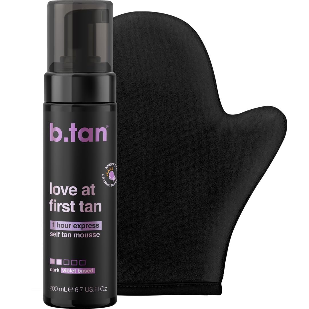 b.tan Violet Self Tanner Kit | Fall In Love at First Tan Bundle – Dark Tanning Mousse with Mitt Applicator, 1 Hour Express, Best Bronzing Glow, No Orange Tones or Fake Tan Smell, Vegan, 6.7 Fl Oz