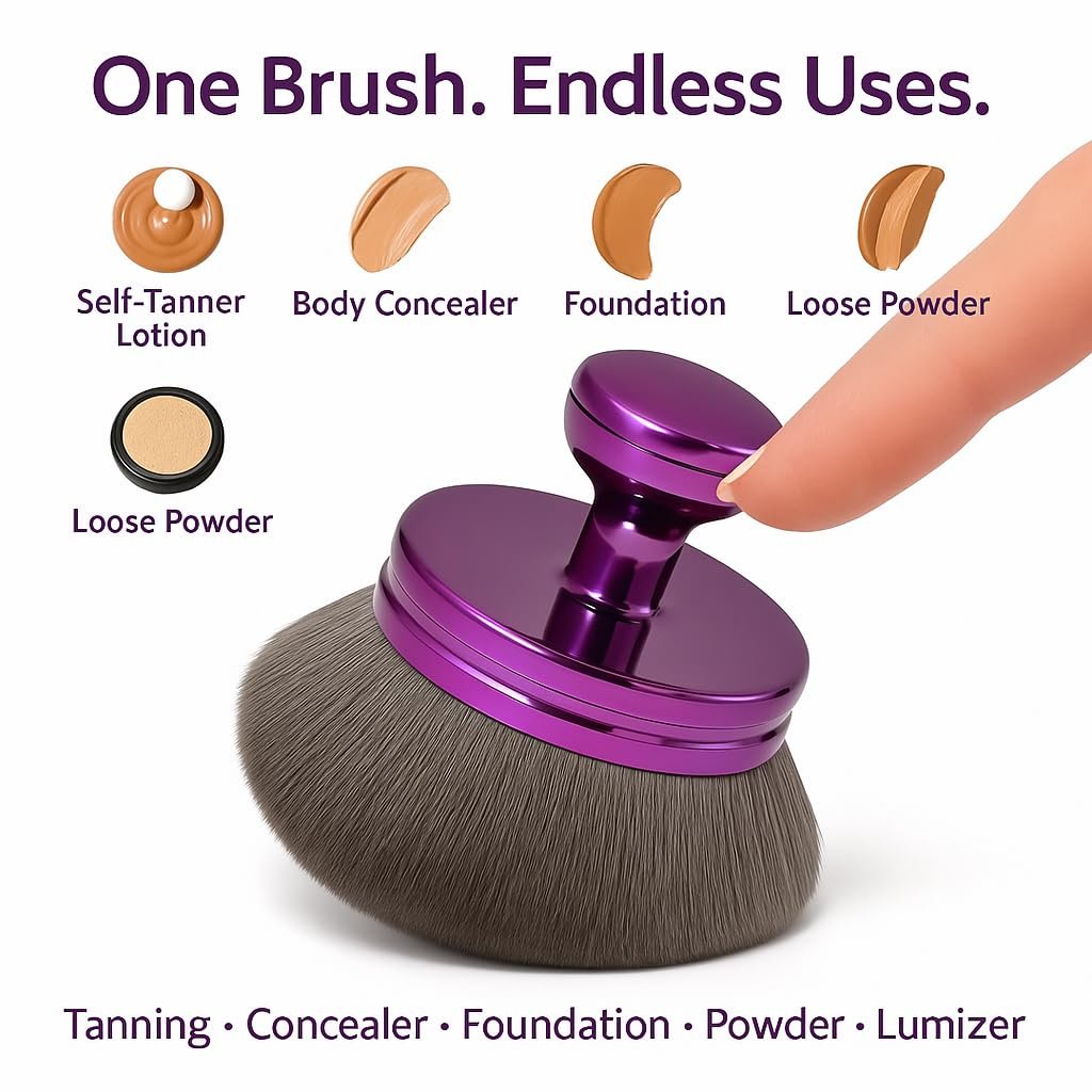 Extra Large Body Makeup Brush – 3.2″ Wide Kabuki Brush for Full Body Coverage – Soft Vegan Bristles for Self Tanner, Bronzer, Foundation & Sunscreen – Drawstring Bag Included (Purple)