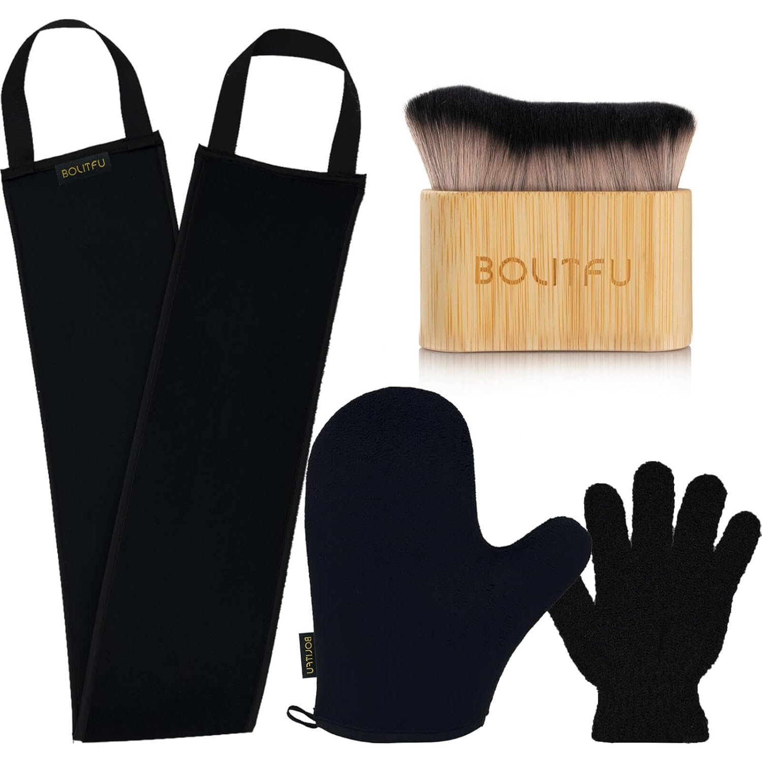 4 Pack Self Tanning Mitt Applicator Kit – 1 Self Tan Mitt, 1 Back Tanning Applicator, 1 Ultra Soft Self Tanner Brush, 1 Exfoliating Glove, for Sunless Streak-Free Fake Tan (Black)