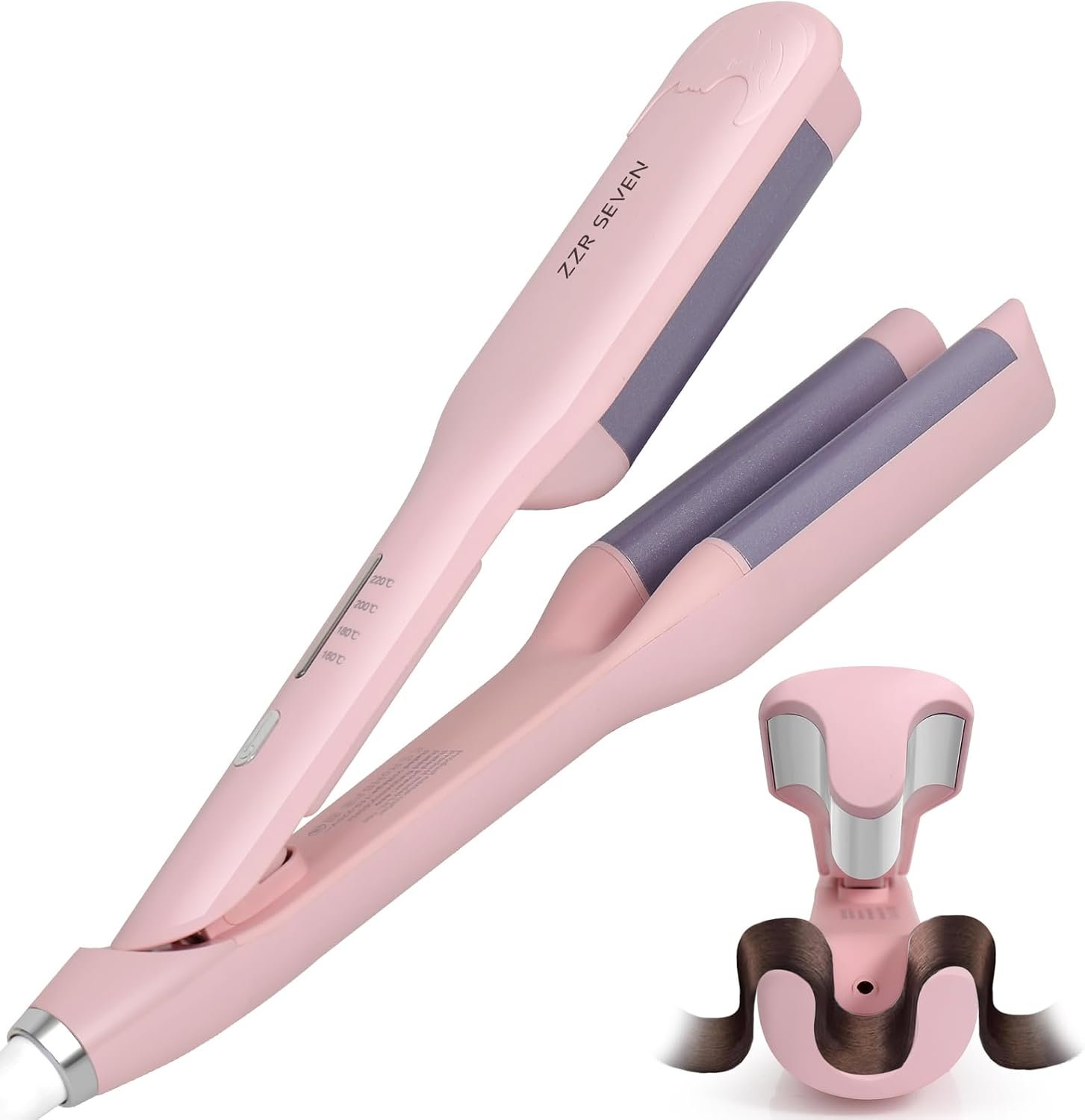 Curling Iron Hair Crimper Waver Beach Waves Curling Wand Hair Curler Beach Waver for Women, Dual Voltage, Anti-Scald, Easy to Use, 1.25 Inch, Pink