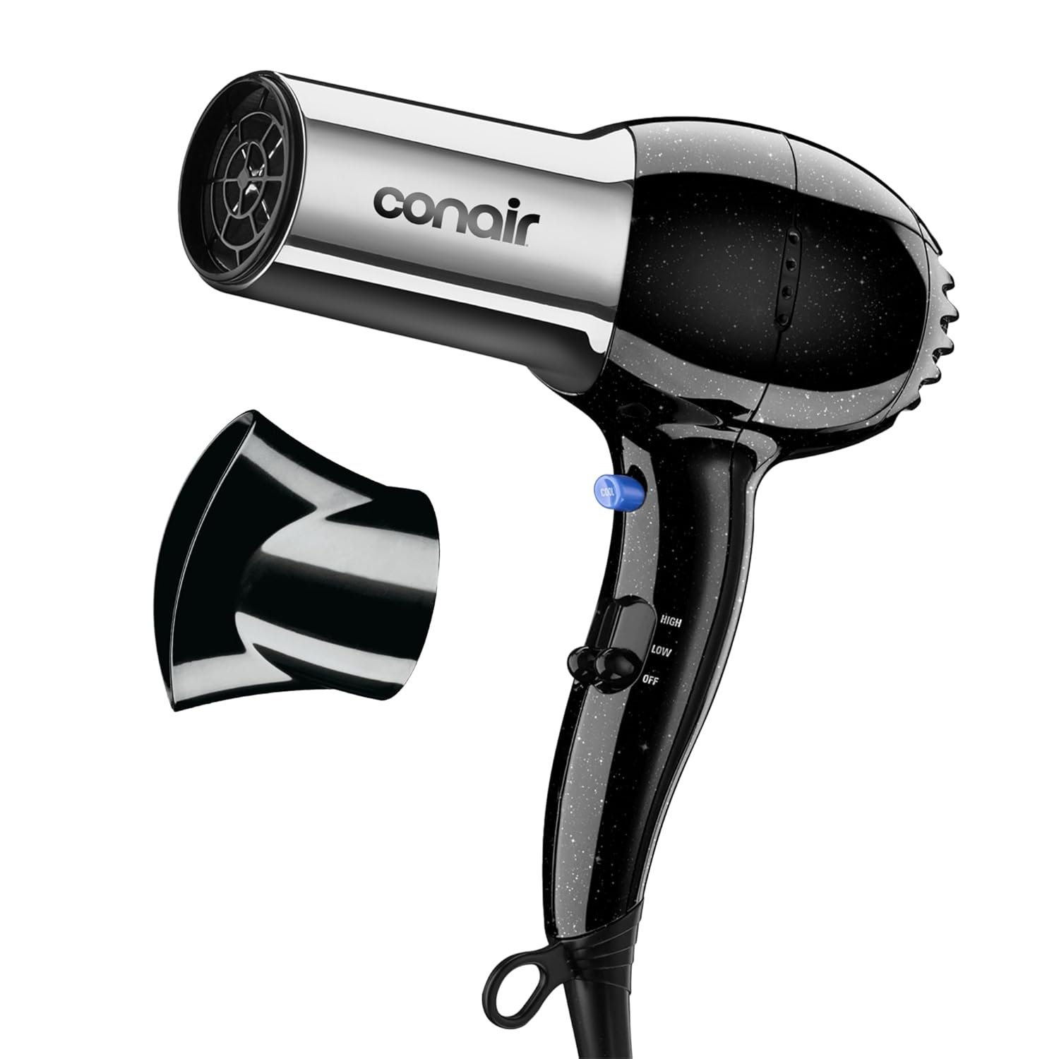 Conair 1875W Full Size Hair Dryer with Ionic Conditioning, Concentrator Attachment, Black/Chrome, 256NRL​