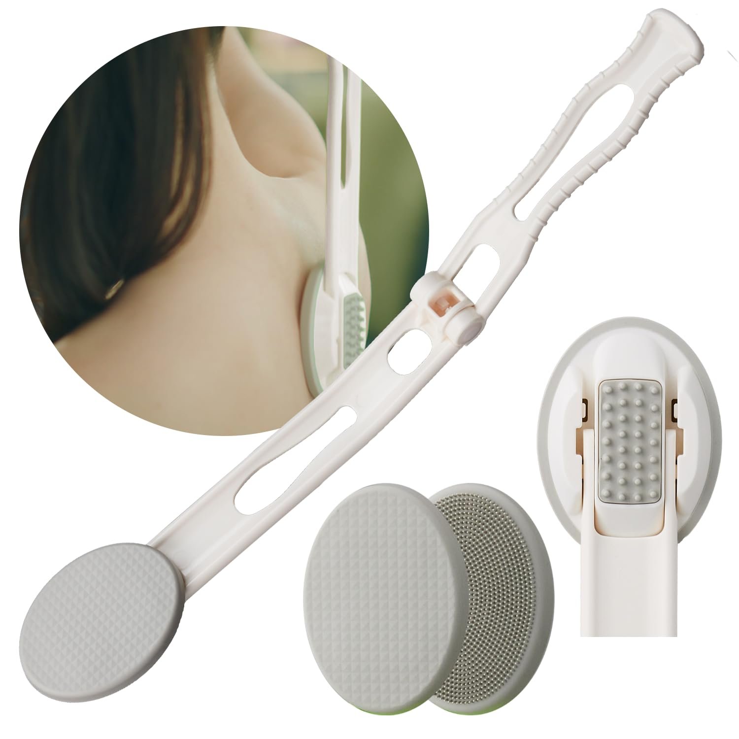 DOWMI Lotion Applicator for Back – 3in1 Foldable, Cream, Sunscreen, Ointment Applicator, 19″ Long Handle, Body Massage Tool – 1 Body Brush Pad, 1 Lotion Pad Included