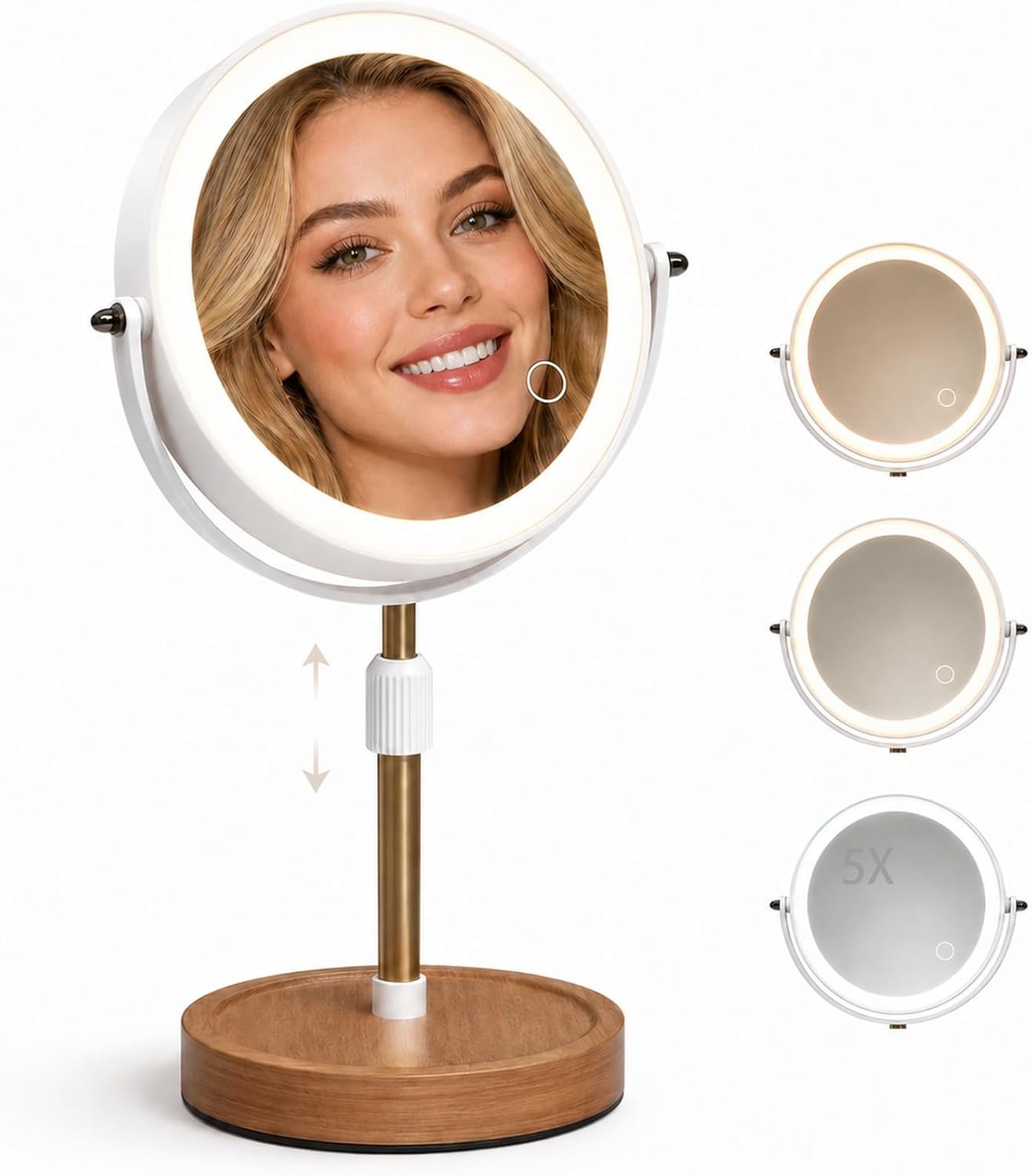 Makeup Mirror with Lights, 1X/5X Double Sided Magnifying Vanity Mirror, Rechargeable Lighted Desk Mirror with 3 Color Dimmable LEDs, Height Adjustable, 360°Rotation, Touch Control, Gift for Women