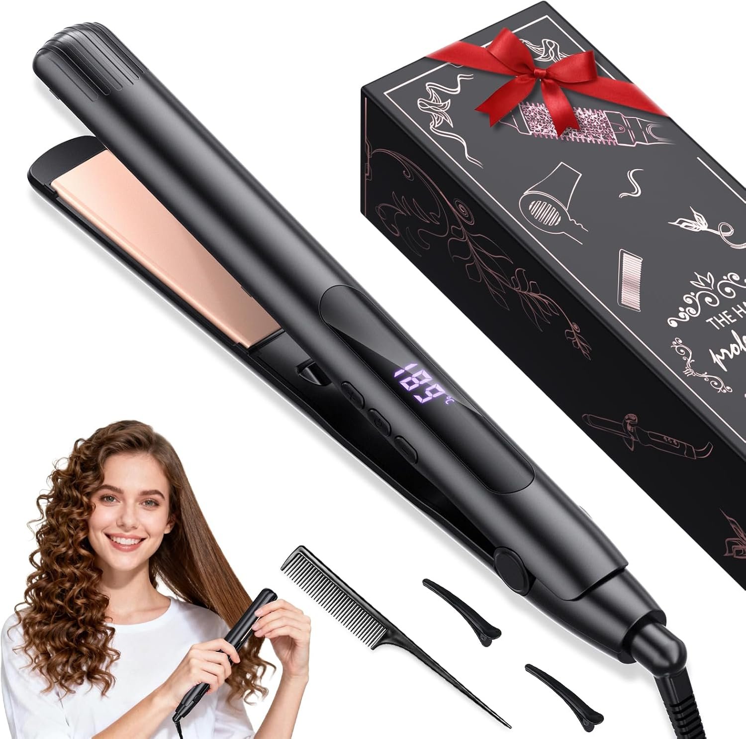 Hair Straightener, Flat Iron 1 Inch Titanium Ceramic Ionic Hair Straightener and Curler 2-in-1, Fast Heat Up, Adjustable Temperature, Dual Voltage, Auto Shut Off for Less Frizz, Shines and Smooth
