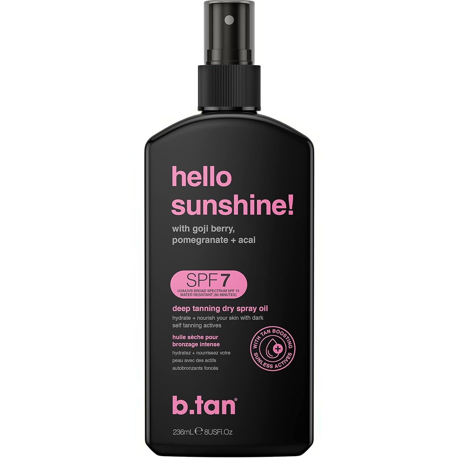 b.tan SPF 7 Tanning Oil | Hello Sunshine – Deep Suntan Dry Spray, Best Outdoor Browning Body Mist, Packed with Moisturizing Goji Berry, Pomegranate + Açai, Austrailian Brand, 8 Fl Oz