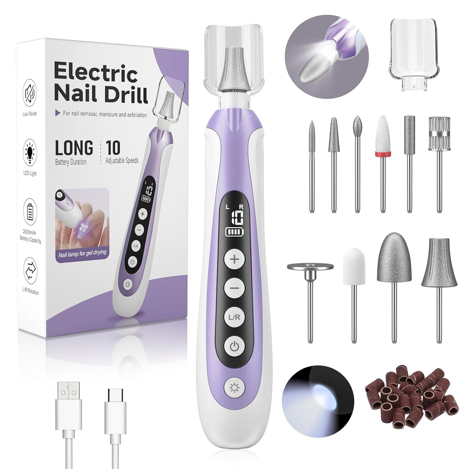 Nail Drill, Electric Nail File & 10-Speed Cordless Nail File, 10 in 1 Kit for Thick Toenails, 2000mAh Rechargeable Portable Manicure Pedicure Kit with LED Display Ideal Gift for Men & Women(Purple)