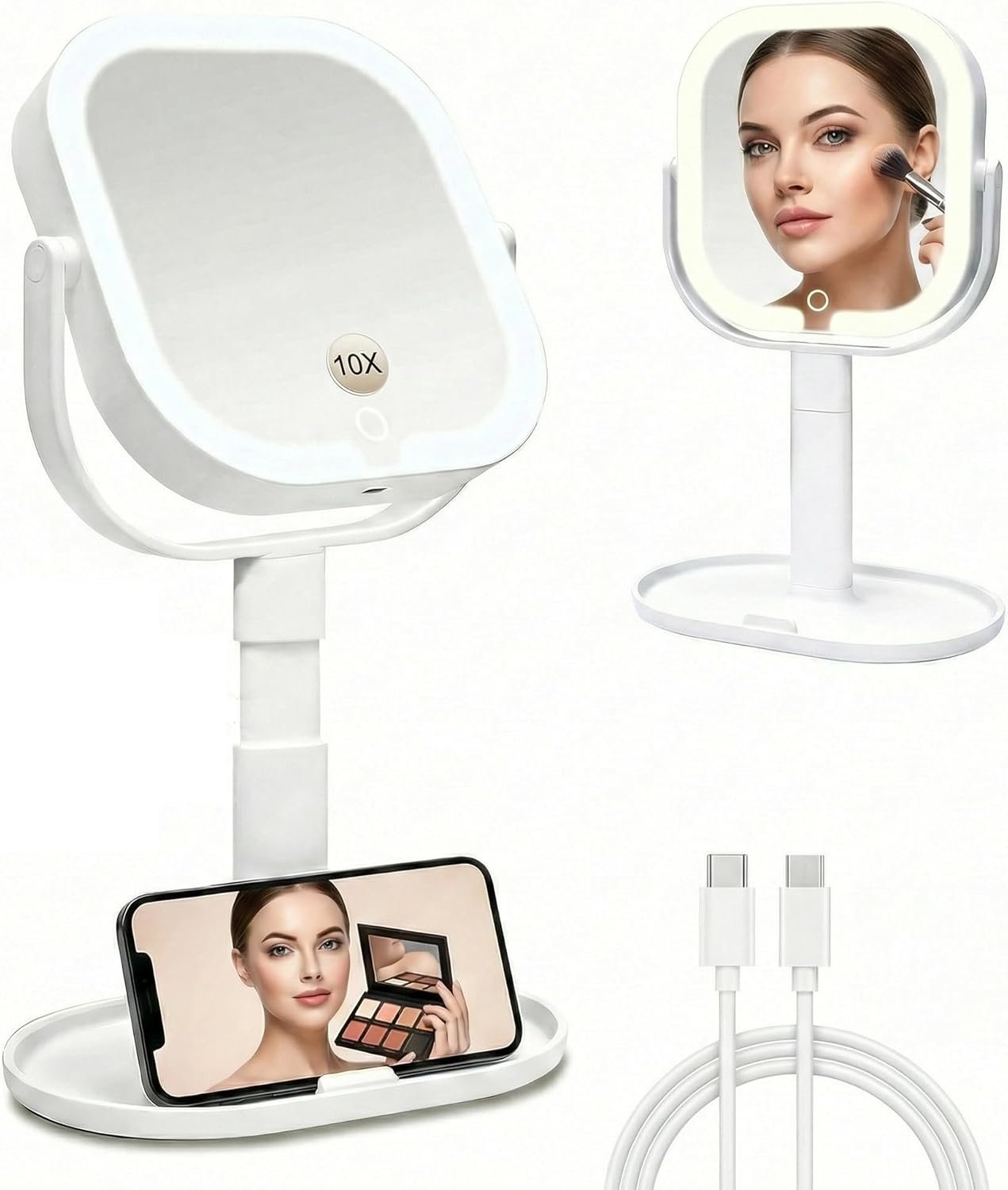 Makeup Mirror with Lights, 1X/10X Magnifying Mirror with Light, Rechargeable Lighted Makeup Mirror with Magnification, 3-Color Lighting, Height Adjustable 360° Rotation Desk Mirror, Gift for Women
