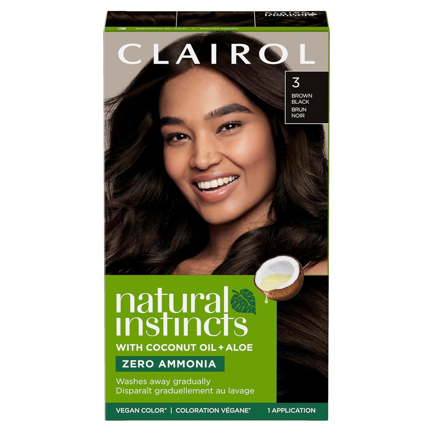 Clairol Natural Instincts Demi-Permanent Hair Dye, 3 Brown Black | Ammonia‑Free, Vegan Hair Color with Coconut Oil & Aloe Vera | Pack of 1