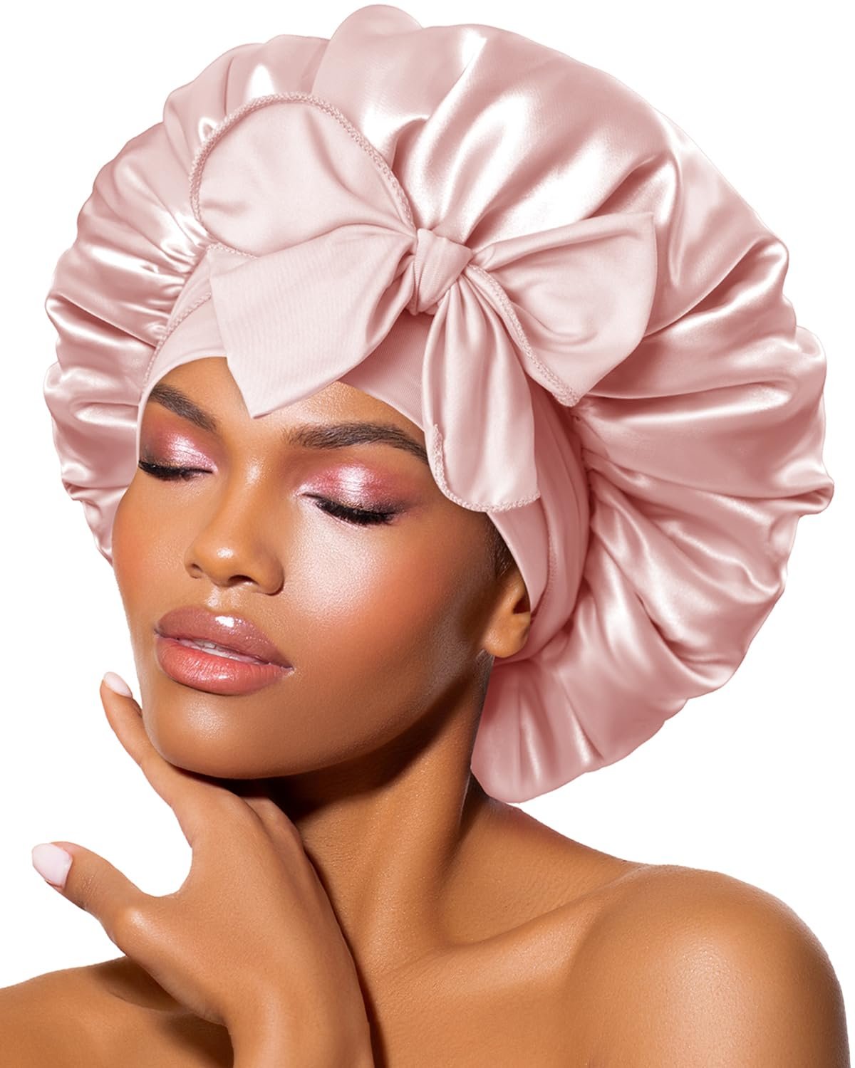 BONNET QUEEN Silk Bonnet for Sleeping Women Satin Bonnet Night Sleep Cap Wrap for Curly Hair with Adjustable Tie Band, Medium Cream Pink