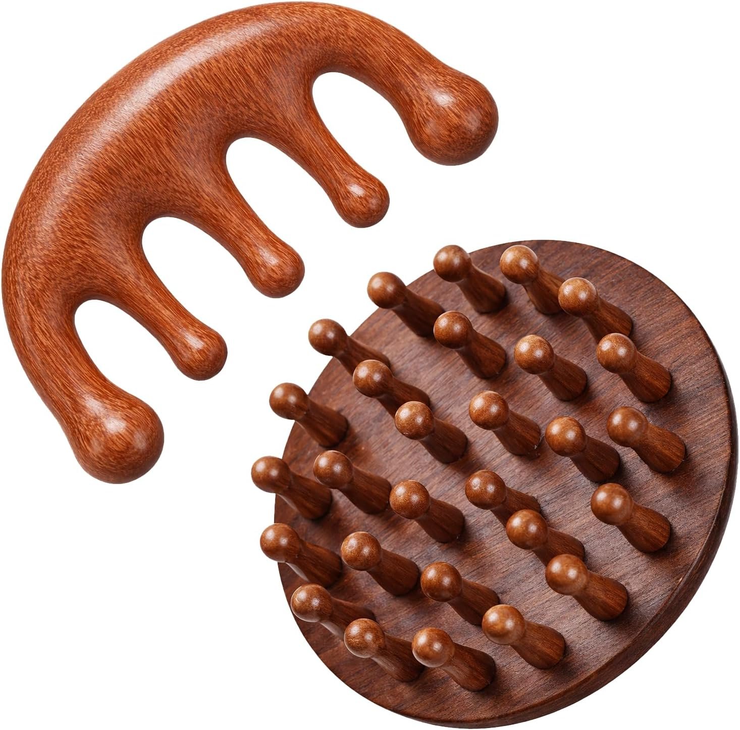 2Pcs Wooden Scalp Massager Comb, Wooden Hair Scrubber Hair Brush Scalp Massage Tool Head Gua Sha Brush Handheld Gua Sha Tools for Women Men Hairs Growth Stress Relief Spa