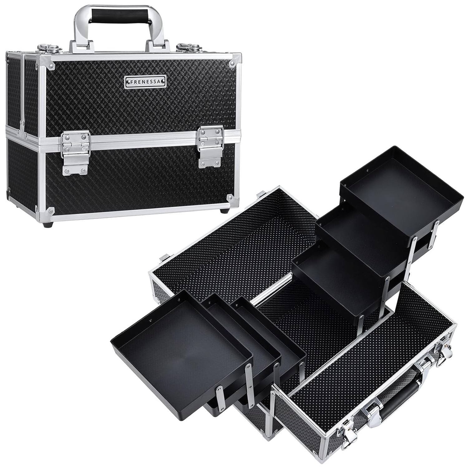 FRENESSA Makeup Train Case Makeup Case 11.8 Inch Large Cosmetic Box Organizer Travel Storage Professional Make Up Train Carrying Case with 6 Trays Locking Hard Vanity Storage Black
