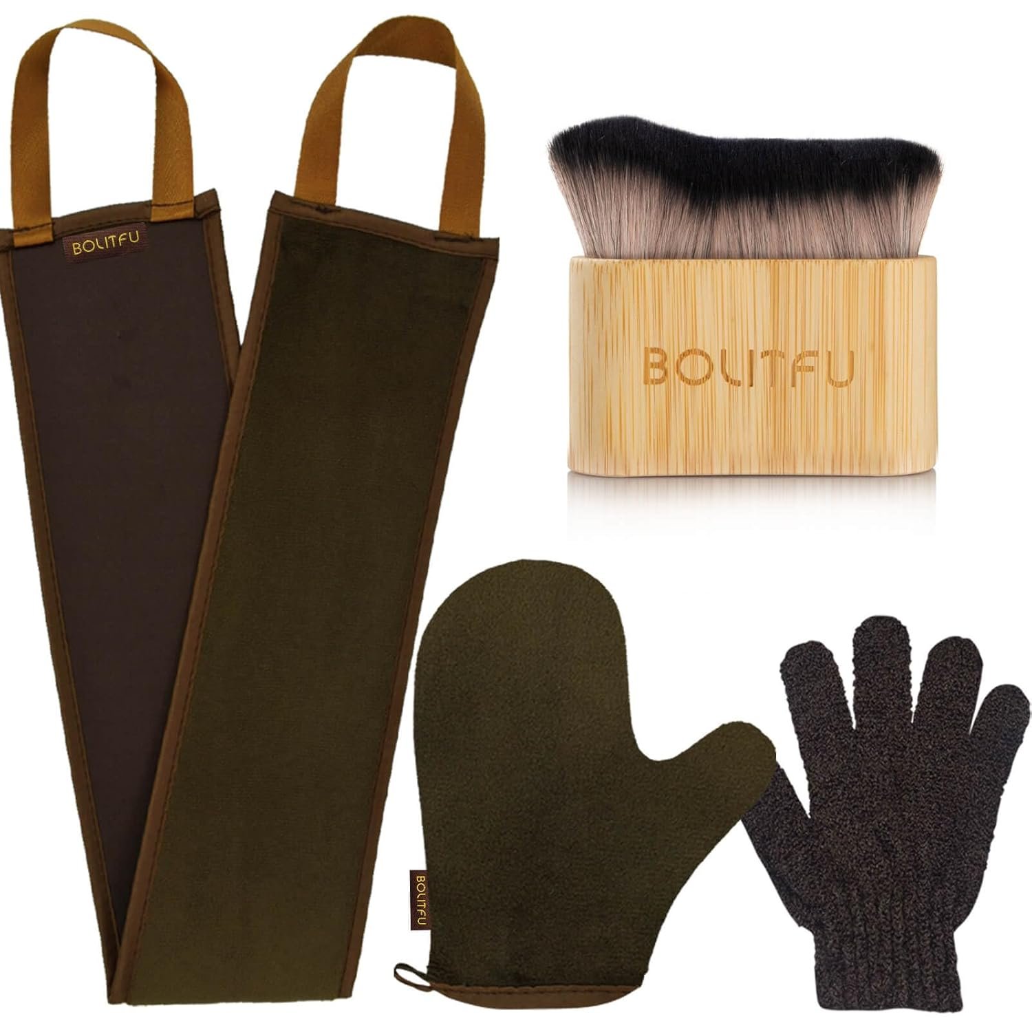 4 Pack Self Tanning Mitt Applicator Kit – 1 Self Tan Mitt, 1 Back Tanning Applicator, 1 Ultra Soft Self Tanner Brush, 1 Exfoliating Glove, for Sunless Streak-Free Fake Tan (Bronze)