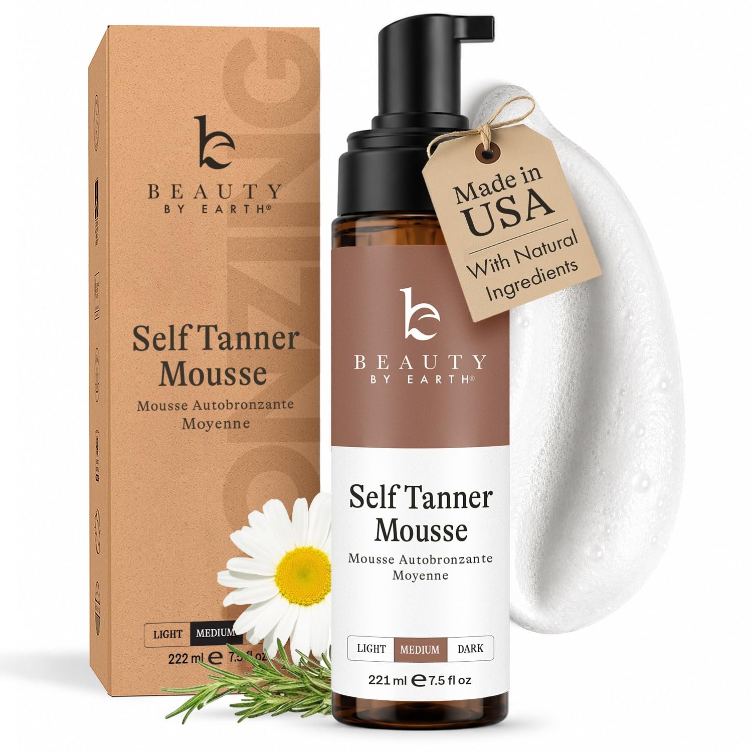 Self Tanner Mousse – USA Made with Natural & Organic Ingredients, Self Tanning Mousse for Dark Fake Tan, Sunless Tanner, Clear & Non Toxic Tanning Foam for Streak Free Finish & Natural Glow