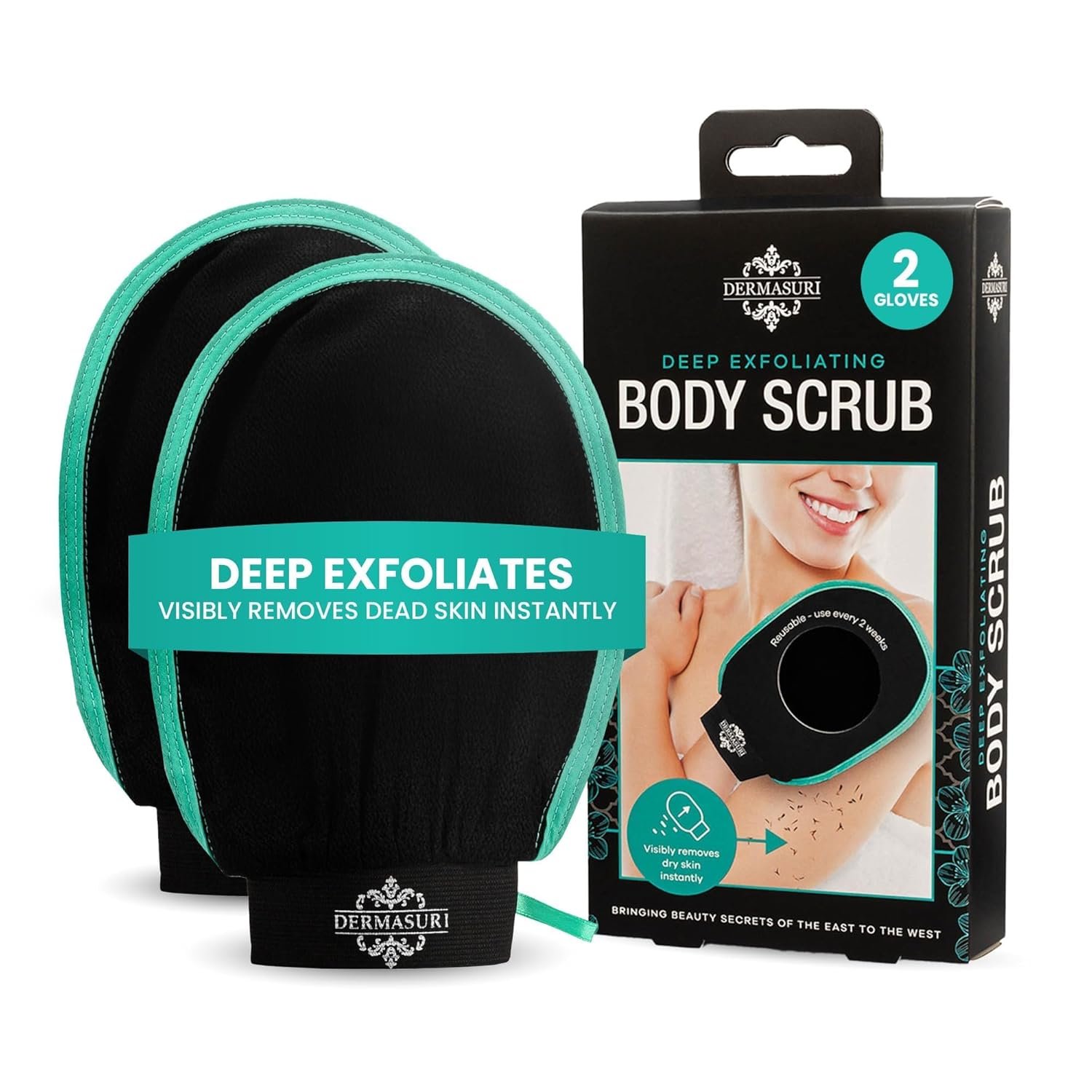 Dermasuri – Deep Exfoliating Glove – Korean Exfoliating Mitt & Body Scrubber – Keratosis Pilaris Treatment Scrub – Self Tanner Mitt & Ingrown Hair Exfoliator – Shower Gloves for Women & Men – (2 Pack)
