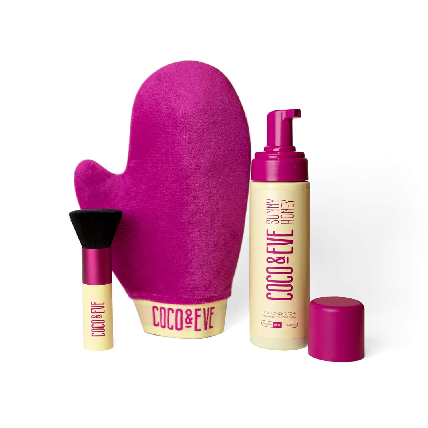 Coco & Eve Self Tanner Foam Bundle – (Medium) Streak-Free Sunless Tanning Mousse, Included Mitt Applicator & Kabuki Brush, Vegan, Cruelty Free | Sunny Honey Bali Bronzing