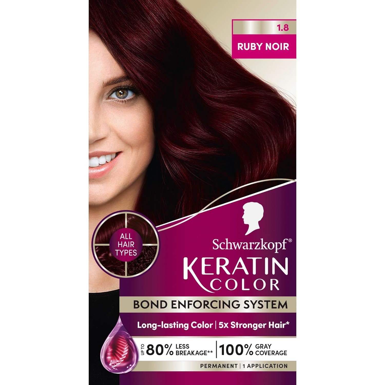 Schwarzkopf Keratin Permanent Hair Dye Cream, 1.8 Ruby Noir, Professional Quality Color for Up to 100% Gray Coverage, Bond Enforcing System