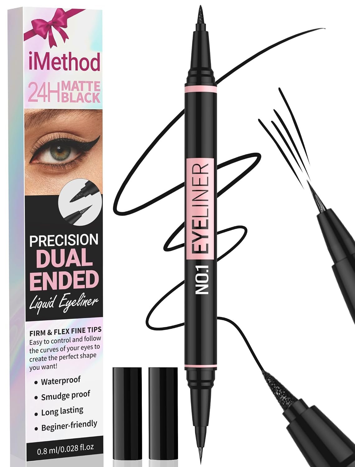 iMethod Liquid Eyeliner – Waterproof Eyeliner 2-in-1 Dual-Ended Eye Liner with Precise Brush-Tip and Thick Tip, Black Liquid Liner Pen, Matte Finish, Long Lasting, Smudge-proof, Transfer-proof, Black
