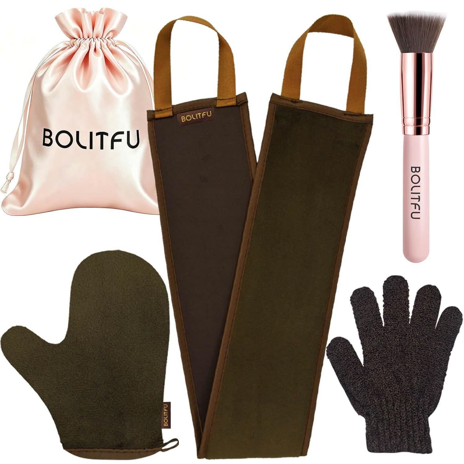 4 Pack Self Tanning Mitt Applicator Kit, with Self Tanner Mitt, Self Tan Back Applicator, Exfoliating Glove, Flat Top Face Tanner Brush, Tan mit for Self Sunless Tanner (brown)