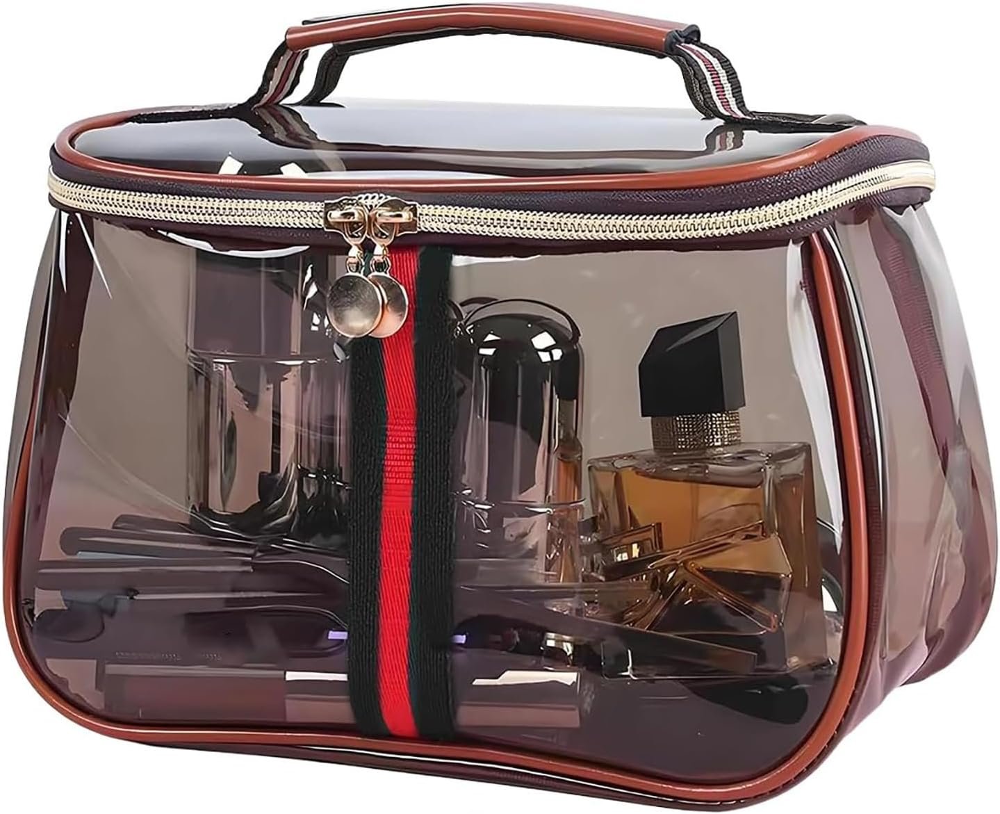 New Retro Vintage Vanity Bag – Clear Makeup Organizer with Handle, Waterproof Transparent Toiletry Bag, Large Capacity Makeup Storage – Case for Women for Travel & Home (Coffee)