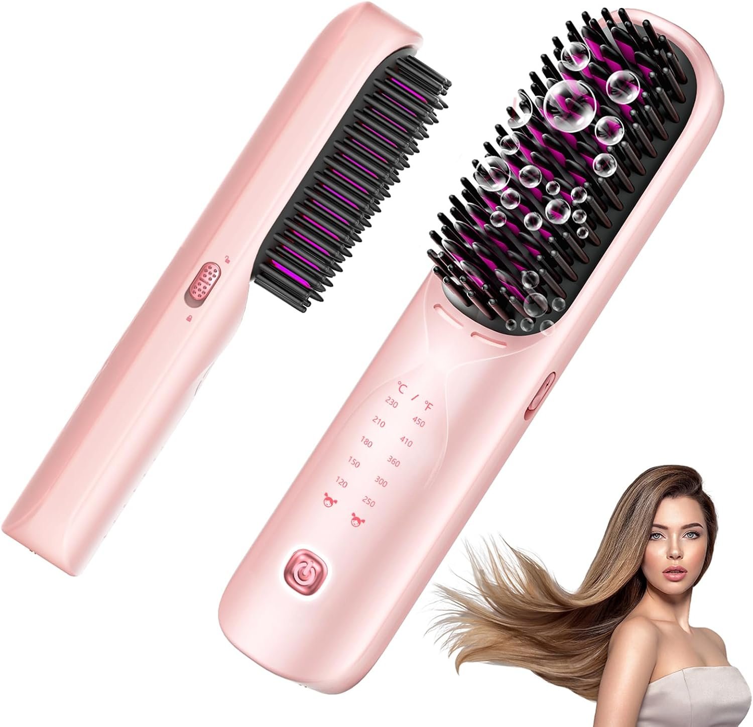 Cordless Hair Straightener Brush – Portable Hair Straightening Brush for Travel – 300M Negative Ions for Frizz-Free Shine, Touch Up On-The-Go, Fast Heating, Gift for Women, 10,000mAh