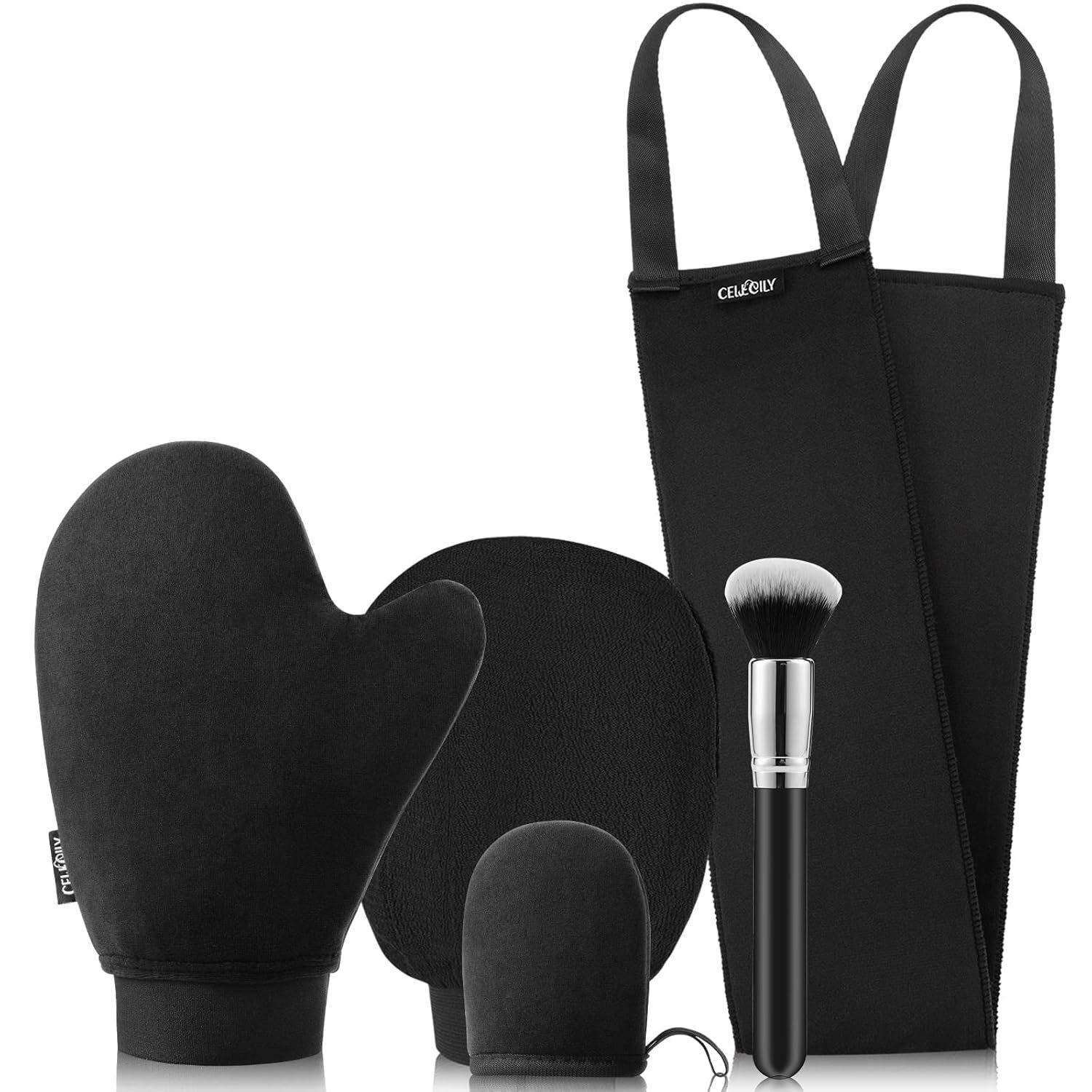 5-in-1 Self Tanner Mitt Applicator Kit – Professional Self Tanning Mitt Back Applicator, Mini Mitt, Brush and Exfoliator，No Streaks, No Orange Palms, Double-Sided Washable Tanning Gloves Set