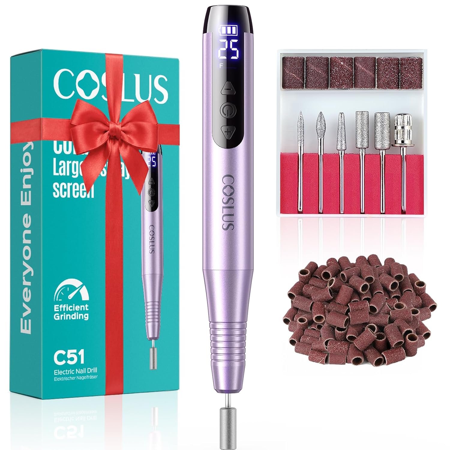 COSLUS C51 Cordless Nail Drill Electric File: Professional for Acrylic Gel Dip Powder Nails, Portable All-in-One Nail Drill Machine Kit for Manicure & Pedicure, with LED Screen & 25 Speeds, Purple