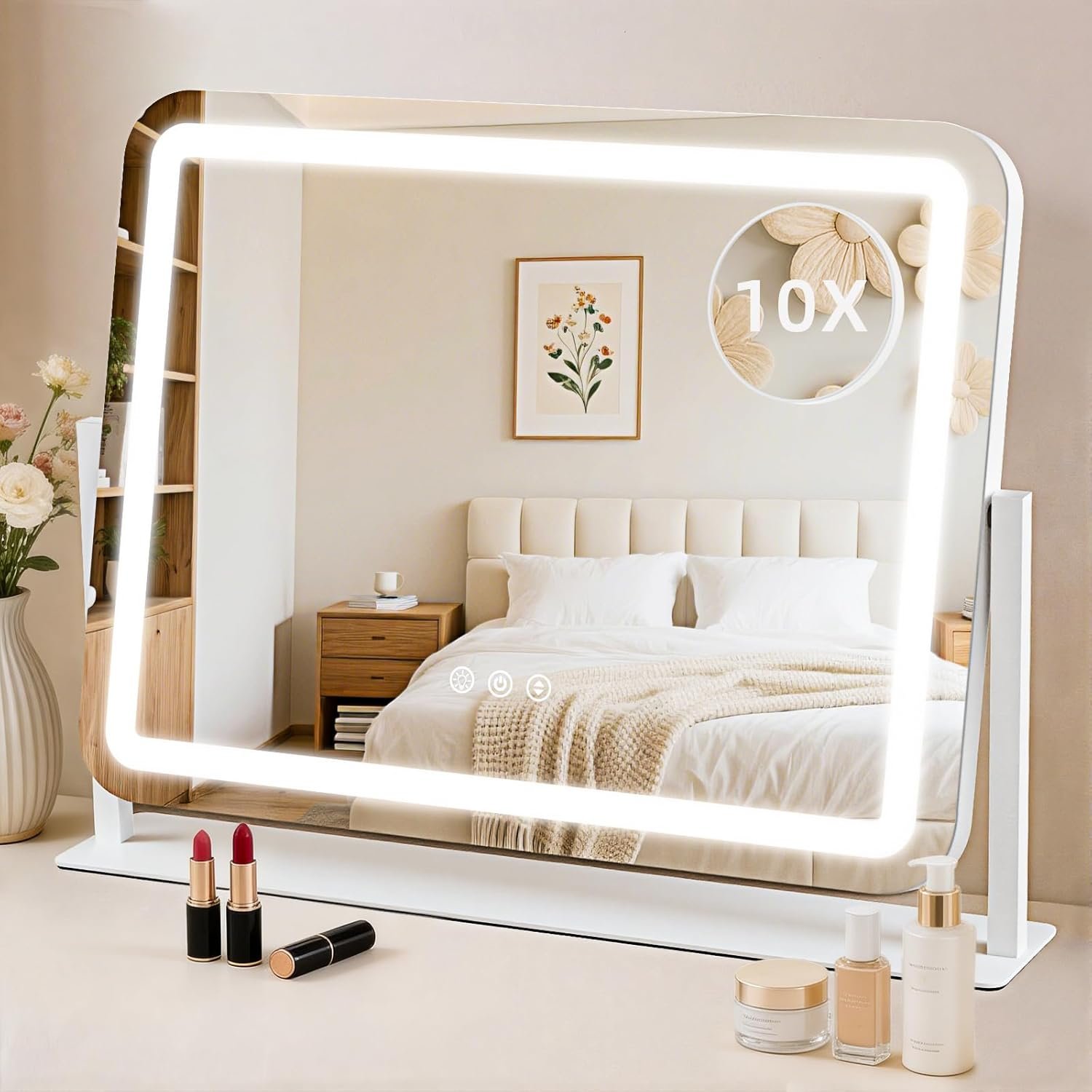 Vanity Mirror with Lights 22″x17″, Lighted Makeup Mirror with 10X Magnification, 3 Color Dimmble Lights, Touch Control, 360° Rotation, Metal Frame, Women’s Gift, For Bedroom/Dressing Room, White