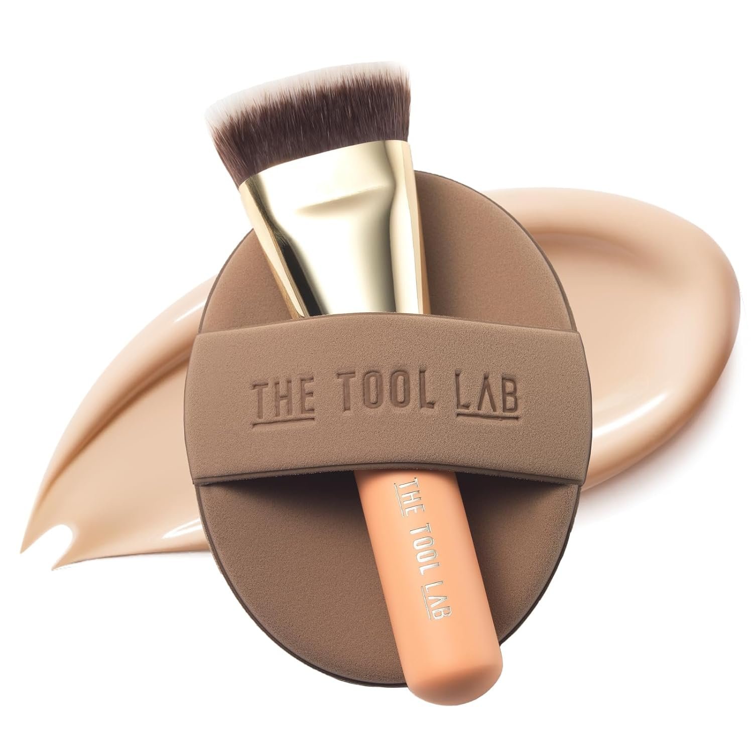 THE TOOL LAB All Day Fitting Duo (Glow type) – Premium Base Makeup Set for Liquid Cream Powder Foundation, Buffing Blending Face Brush, Sponge, Portable Case – 1.1″ Flat Top Brush