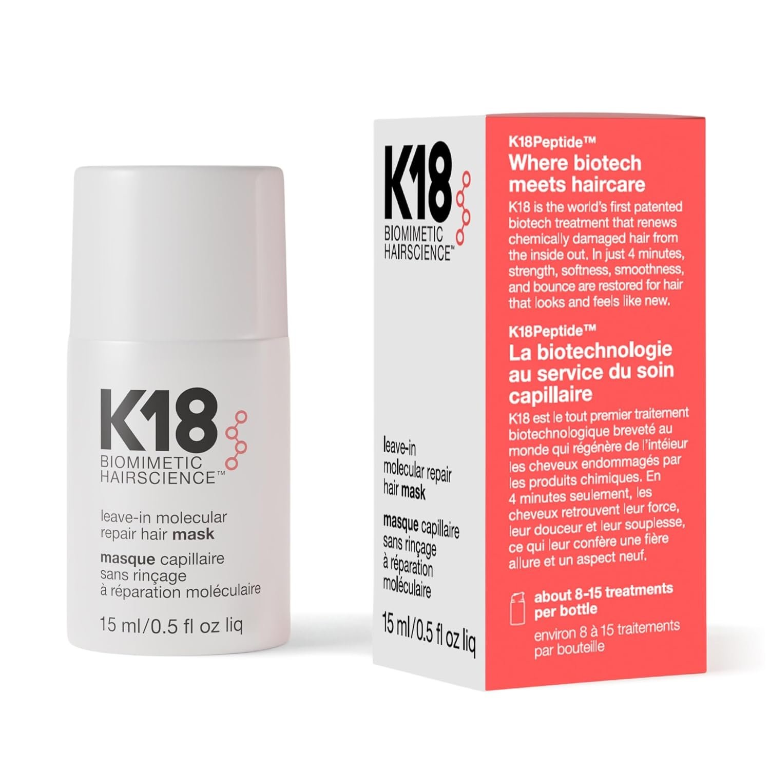 K18 Leave-In Molecular Repair Hair Mask – Peptide Hair Treatment Mask for Bleach, Color, Chemical + Heat Damaged Strands – Immediate + Lasting Damage Reversal in 4 Minutes (0.5 Fl oz)