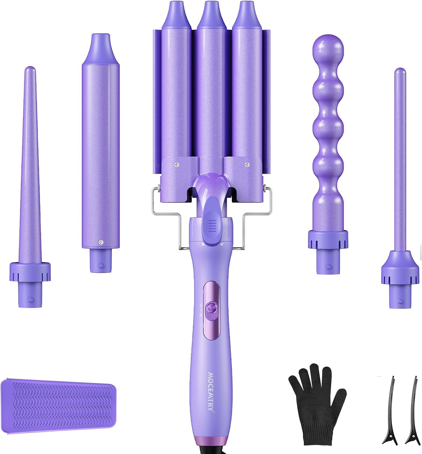 5 in 1 Curling Wand Set, 3 Barrel Hair Crimper Waver, Ceramic Curling Iron | 30s Heat-Up, 0.35″-1.25″ Barrels, Bubble Barrel, 30M Negative Ions, Dual Voltage, 356F/410F, 80in Swivel Cord, Glove, Clips