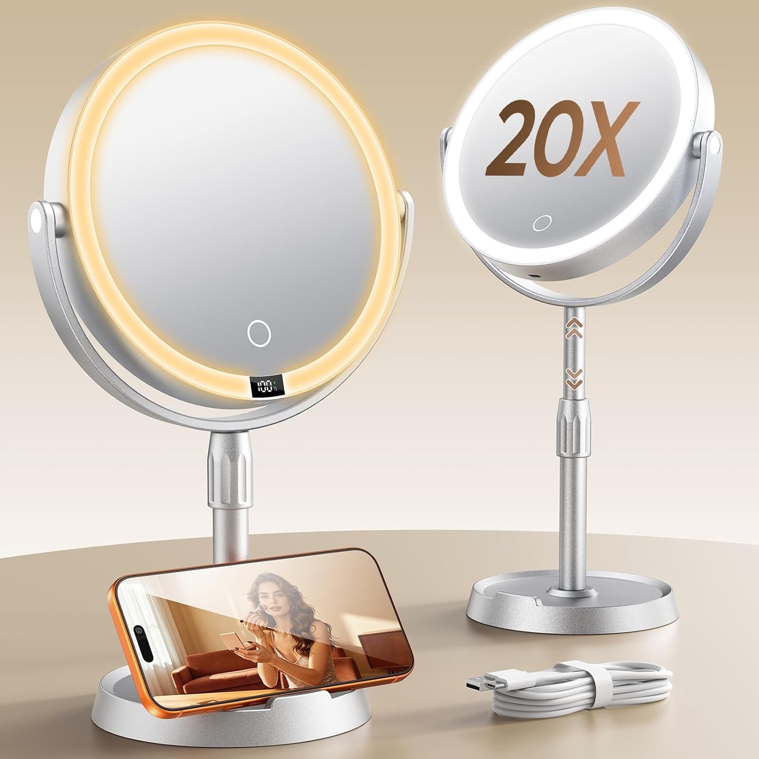 8″ ABS Lighted Makeup Mirror with Lights, 1X/20X Magnifying Mirror with Light and Digital Display, 2.6in Height Adjustable, Rechargeable, 3 Color Modes for Makeup & Shaving, Easy to Detach, Women Gift